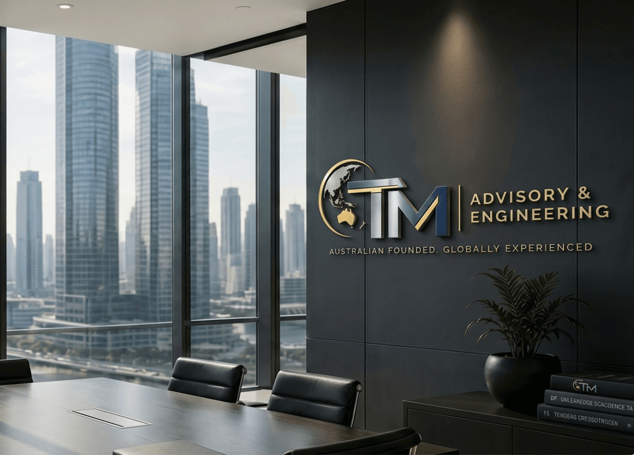 TM Advisory & Engineering premium boardroom overlooking a global city skyline
